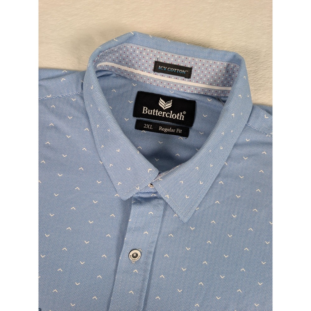 Buttercloth Icy Cotton Long Sleeve Shirt Mens 2XL Reg Fit Blue Geometric AOP - Picture 1 of 9